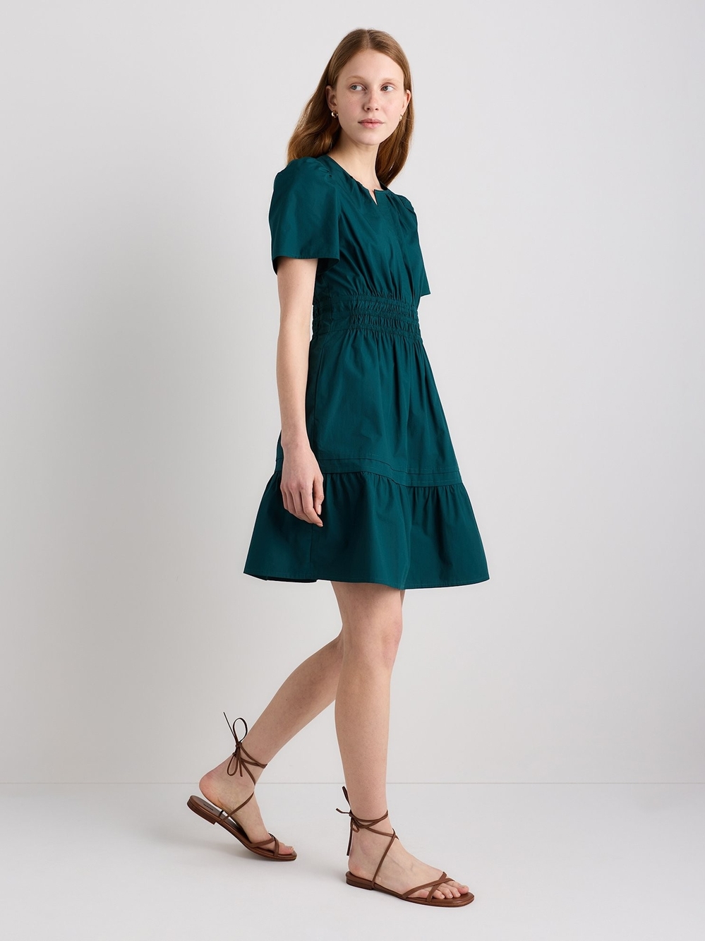 Quince 100% Organic Cotton Poplin Tiered Mini Dress in Ocean Green, size L